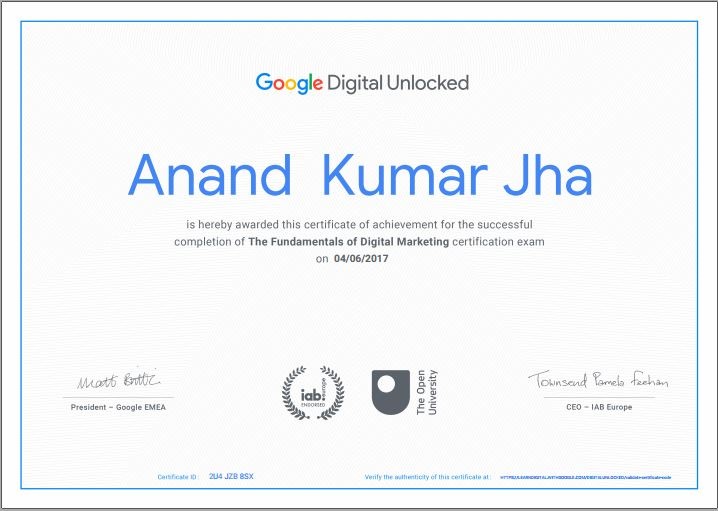 Google digital marketer certification to AnandKJha